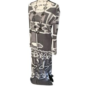 Paganne Maxi Dress Size L Gray White Geometric Pop Art Long Sleeve Body-con Chic